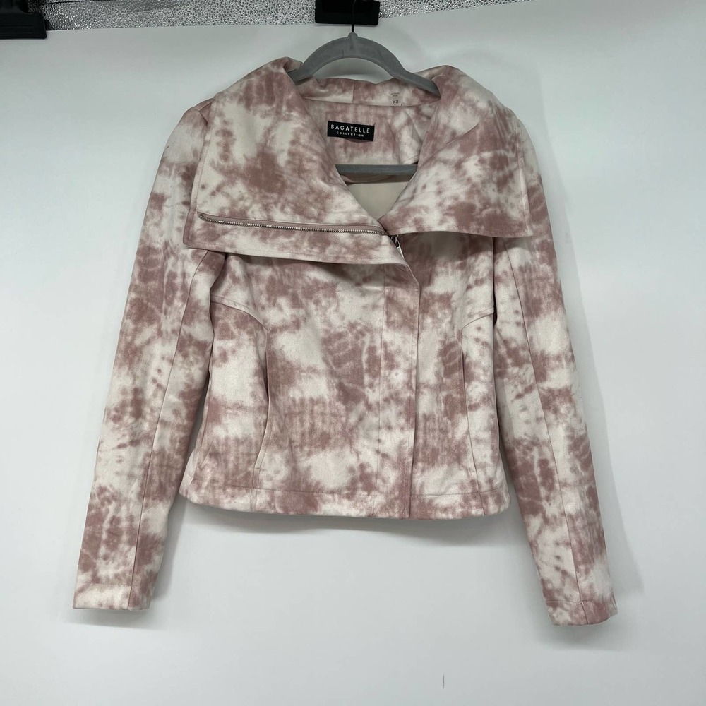 Bagatelle Faux Suede Tie-Dye Moto Jacket Women's Size XS Dusty Rose & White - Picture 2 of 9